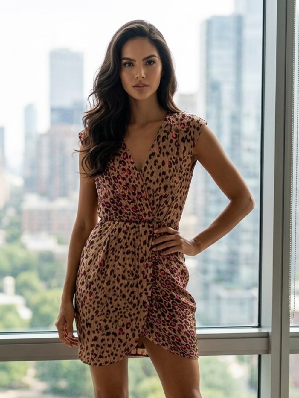 Express Pink Leopard Faux Wrap Draped Mini Dress Animal Print Small Date Night